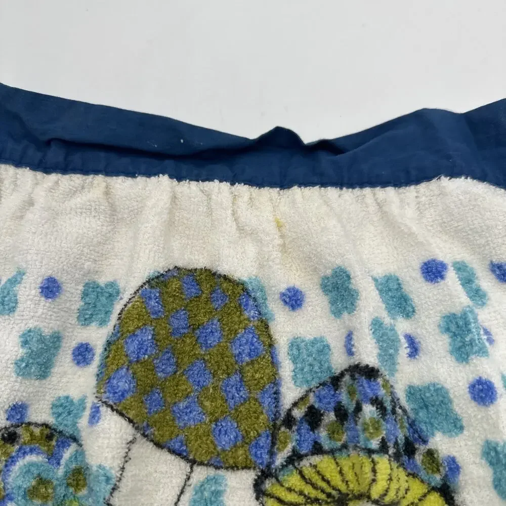 Vintage Mushroom Butterfly Terry Cloth Kitchen Blue Half Apron Retro 70s